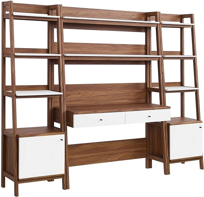 Modway Bixby 3-Piece Home Office Desk and Bookshelf Display Case in Walnut White