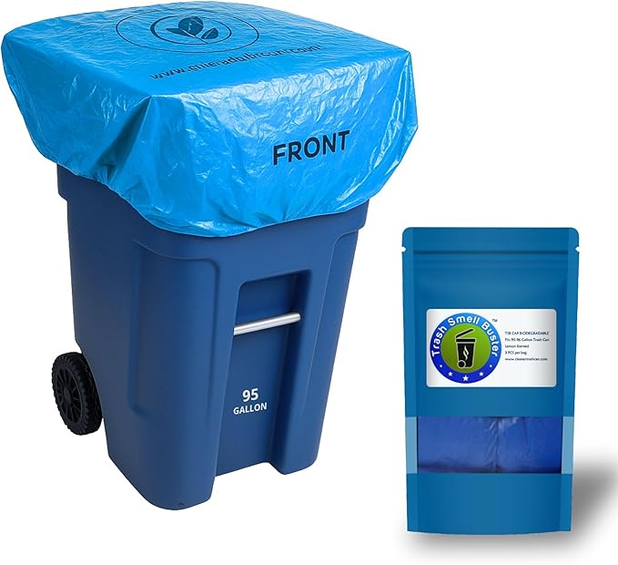 Trash Can Cover Biodegradable Odor Eliminating Bag with Elastic Rubber Band Lemon Scented Durable Chemical Free 95 Gallon 3 Pack
