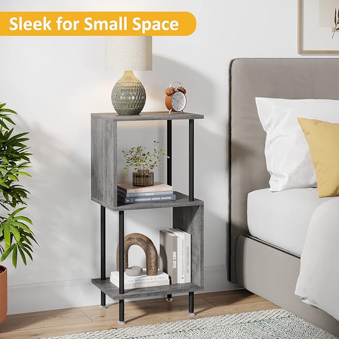 3 Tier Modern Bookshelf, S-Shaped Bookcase,Small Book Shelf for Small Spaces, Unique Bookshelf for Storage Organizer Living Room Bedroom Home Office, Grey