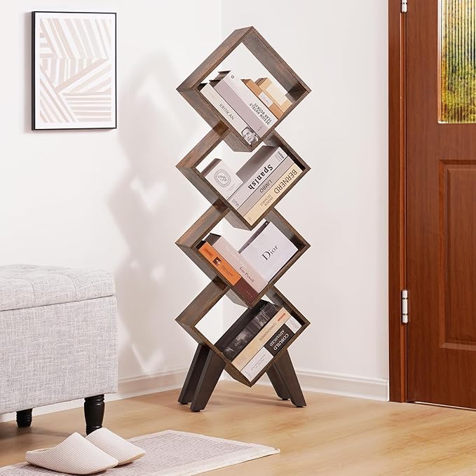 Yoobure Small Bookshelf, Tall 4-Tier Book Shelf, Wood Bookcase Book Organizer, Industrial Bookshelves Floor Standing for CDs/Books in Small Spaces, Bedroom, Living Room, Home Office