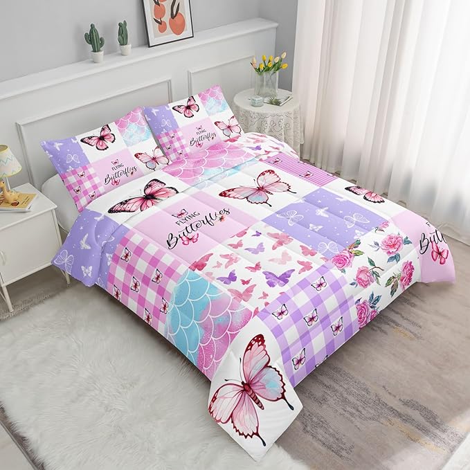 Datura home Kids Comforter Set Mermaid Scale Butterfly Printed Pattern Bedding Set with 1 Comforter and 2 Pillowcases for Girls Boys Bedroom All Season(Mermaid1 Full)