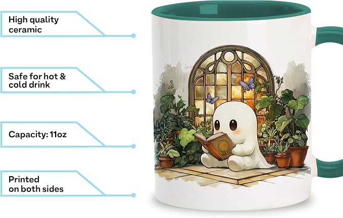 Hyturtle Cute Ghost Reading Mug Gifts for Readers on Birthday, Halloween | Book Lover Mug, Plant Lover Gifts For Women, Premium 11oz ceramic mug, Vivid durable double-sided print, Comfort grip handle