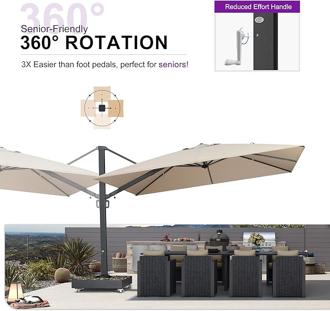 PURPLE LEAF 12' X 9' Rectangle Patio Umbrella with Base Included Large Outdoor Aluminum Offset Umbrella with 360-degree Rotation Cantilever Umbrella for Garden Deck Backyard Pool Beige