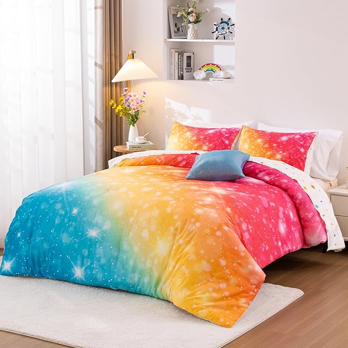 A Nice Night Gradient Glitter 6Pcs Bed in A Bag Bedding Set for Girls Full Size, Colorful Rainbow Galaxy Comforter Set, Ultra Soft Bedding Sets, YellowBlue