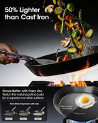 12 IN Carbon Steel Frying Pan, Pre-Seasoned Nitrided Preseasoned Skillet | Natural Patina Development with No Chemical Coating; Spacious Cooking Surface for Family Meals & Searing