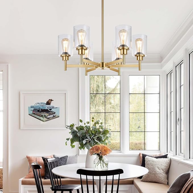 Lynnoland Brushed Gold Chandeliers, 6 Light Farmhouse Chandelier for Dining Room Light Fixtures Over Table, Hanging Light Fixture with Clear Glass Shade for Living Room Bedroom