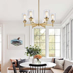 Lynnoland Brushed Gold Chandeliers, 6 Light Farmhouse Chandelier for Dining Room Light Fixtures Over Table, Hanging Light Fixture with Clear Glass Shade for Living Room Bedroom
