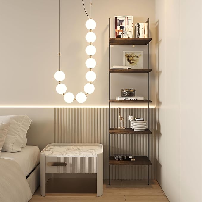Ladder Shelf 5 Tiers Metal Industrial Bookshelf,Rustic Brown Wood Tall Open Storage Rack and Display Shelves,Wall Mount Wide Book Case for Home Office Bedroom,Small