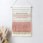 Dremisland Macrame Woven Wall Hanging Home Decor Bohemian Beige Geometric Wave Art Decor with Wool Ball and Tassle-Elegant Apartment Bedroom Dorm Room Door Decoration (Pink Line)
