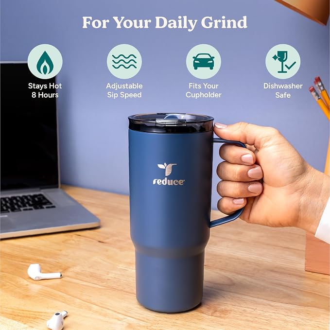 REDUCE 24 oz Hot1 Vacuum Insulated Mug for Hot Tea, Coffee and Other Hot Drinks - With Flo-Motion Lid and Handle, Single-Serve and Cupholder Friendly, Keeps Drinks Hot for up to 8 Hrs, Mineral Blue
