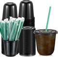 Baderke 25 Set Plastic Cups with Lids and Straws, Disposable Plastic Iced Coffee Cup for Cold Beverage Juice Smoothie Crystal for Coffee Shops Party Catering (Black,12 oz)
