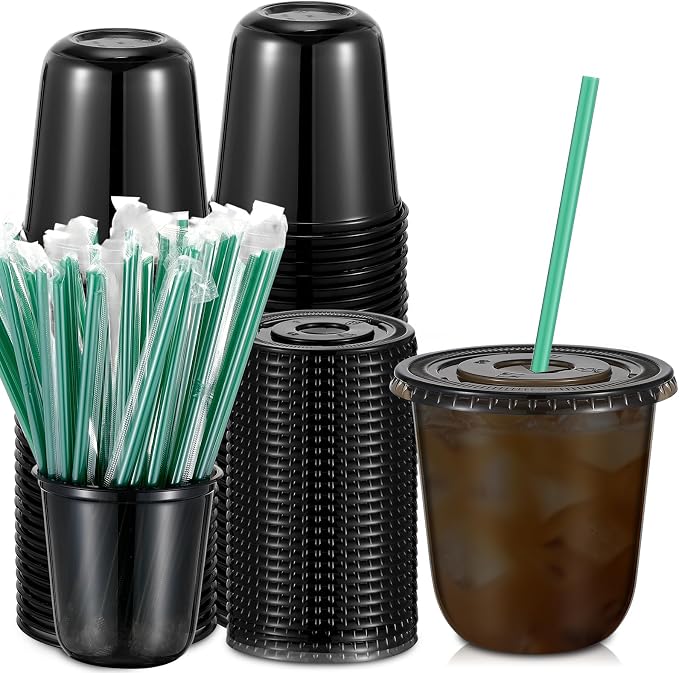 Baderke 25 Set Plastic Cups with Lids and Straws, Disposable Plastic Iced Coffee Cup for Cold Beverage Juice Smoothie Crystal for Coffee Shops Party Catering (Black,12 oz)
