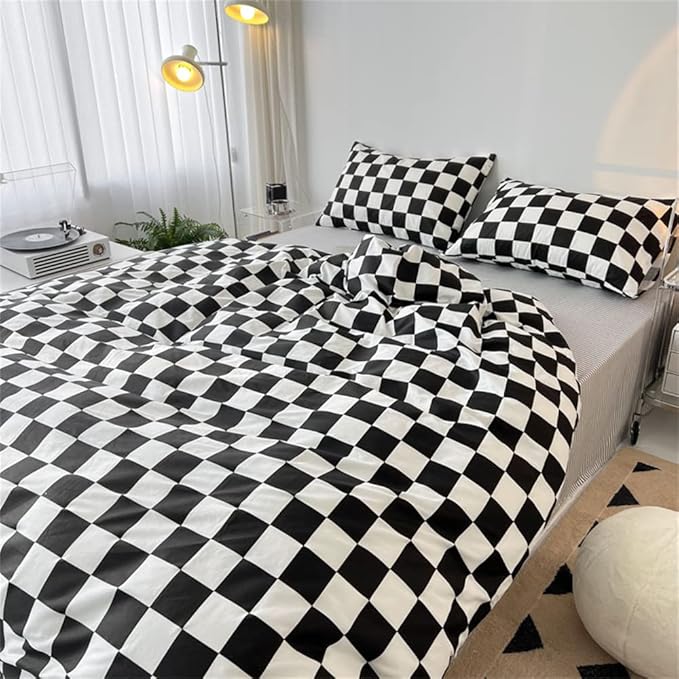 Wellboo Black White Plaid Comforter Sets Queen Women Men Black and White Checkerboard Grid Bedding Comforters Cotton Boys Girls Modern Black Checkered Geometric Quilts Luxury Abstract White Bedding