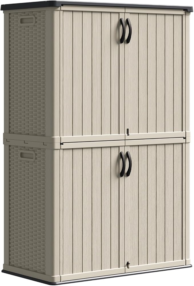 Patiowell 50 cu.ft Plastic Outdoor Storage Shed, Lockable Waterproof Resin Storage Cabinet Vertical Storage Shed for Garden Tools, Garbage Cans, Pool Supplies, Beige(Not Include Shelves)