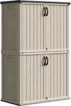 Patiowell 50 cu.ft Plastic Outdoor Storage Shed, Lockable Waterproof Resin Storage Cabinet Vertical Storage Shed for Garden Tools, Garbage Cans, Pool Supplies, Beige(Not Include Shelves)