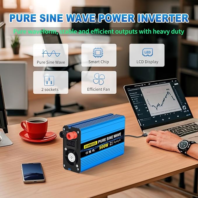 SUNWHEEL 500W Pure Sine Wave Inverter, 12V DC to 110V/120V AC Car Power Inverter with 2 AC outlets and LCD Display