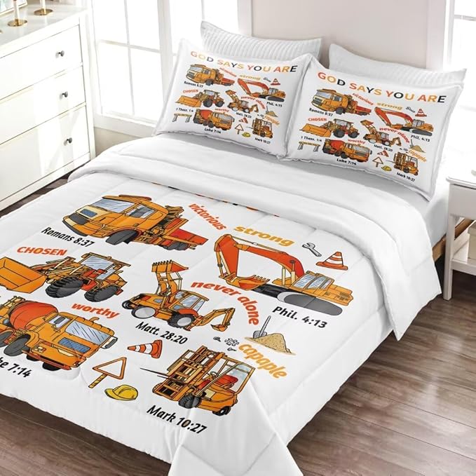 Kids Construction Vehicles Truck Comforter for Boys Full,Cartoon Car Excavator Tractor Bedding Set,Construction Christian Spirational Quotes Comforter with 2 Pillowcases White