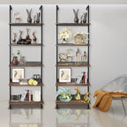 5 Tiers Ladder Shelf 2-Piece Black Modern Tall Bookshelf Open Large Tall Wall Mount Storage Bookcase Standing Leaning Wall Shelves Industrial Decorative