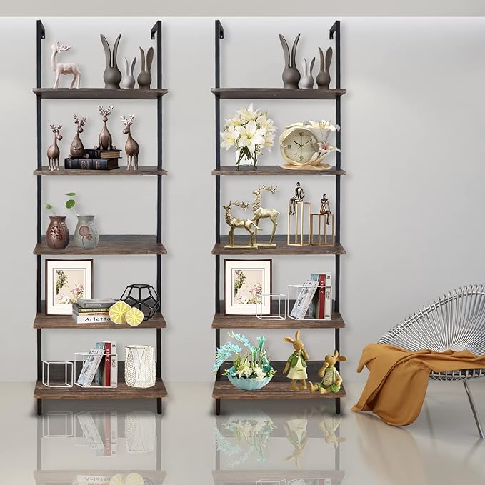 5 Tiers Ladder Shelf 2-Piece Black Modern Tall Bookshelf Open Large Tall Wall Mount Storage Bookcase Standing Leaning Wall Shelves Industrial Decorative