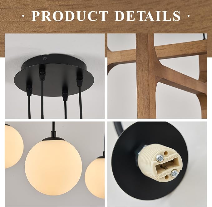 Farmhouse Wooden L24'' Chandelier Rustic Oak Wood Pendant Lights Mid Century 4-Light Milk Glass Globe Pendant Chandelier for Dining Room Kitchen Foyer Entryway Bedroom, G9
