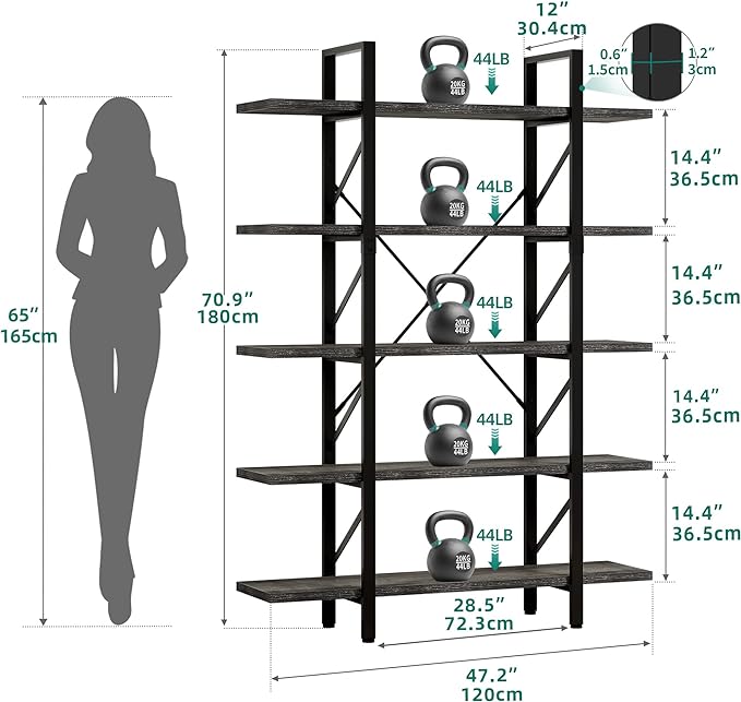 YITAHOME 5 Tier Bookshelf, 70.9" Tall Industrial Bookcase, Wide Open Display Storage Book Shelf for Living Room/Bedroom/Home/Office, Charcoal Gray