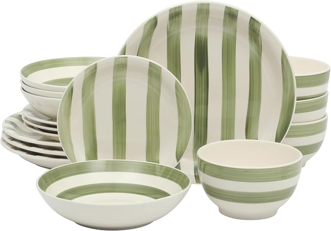 Gibson Home Kenwood Shores 16 Piece Dinnerware Set, Green Striped, Hand-Painted Stoneware, Plates and Bowls, Service for 4, Microwave & Dishwasher Safe