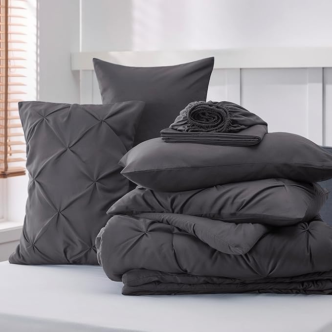 Bedsure California King Comforter Set - Cal King Bed Set 7 Pieces, Pinch Pleat Dark Grey Cali King Bedding Set with Comforter, Sheets, Pillowcases & Shams