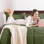 Basic Beyond Queen Comforter Set - Fluffy Comforter Queen Set for All Seasons - Reversible Olive Green Queen Comforter Set for Mens - 3 Pieces (1 Comforter + 2 Pillow Shams) - Olive Green/Drak Gray