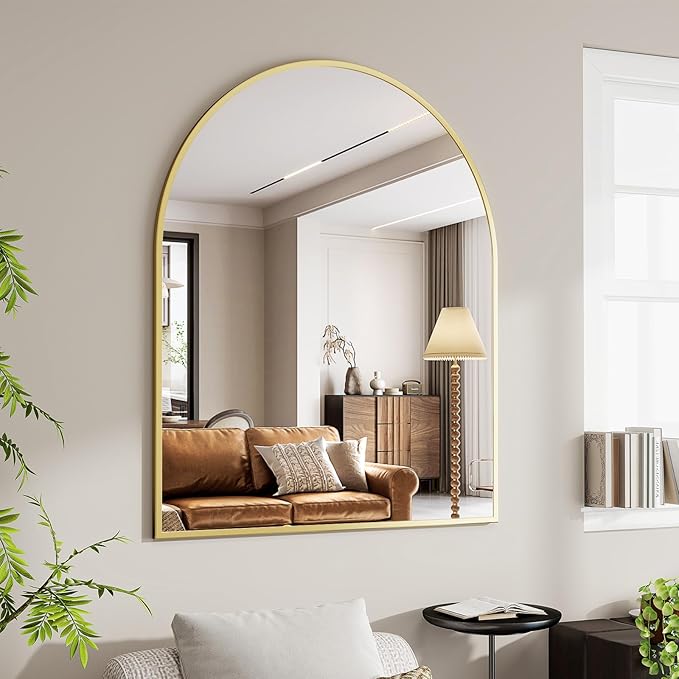 BEAUTYPEAK 36"x48" Arch Bathroom Mirror, Wall Mounted Vanity Metal Frame Mirror for Bedroom, Entryway, Living Room, Gold