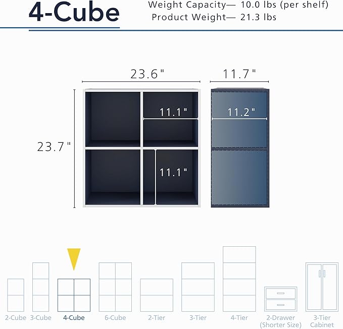 Apexa 4 Cube Storage Organizer Shelves, Stackable Wood Bookcase Fits Cubby Bins for Organization, Dorm Teen Room Decor & Home Office, Steel Blue