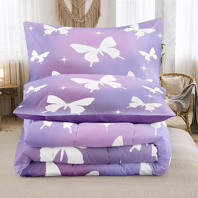 Tailor Shop Butterfly Comforter Sets Twin Size,Purple Butterfly Bedding Sets for Girls Kids Teens with 1 Pillowcase…