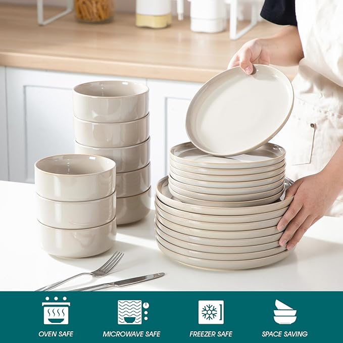 vancasso PLAYA Ceramic Plates and Bowls Sets,24 Pieces Grey Dinnerware Sets for Kitchen,Reactive Glaze Dishes Set for 8, Dishwasher and Microwave Safe
