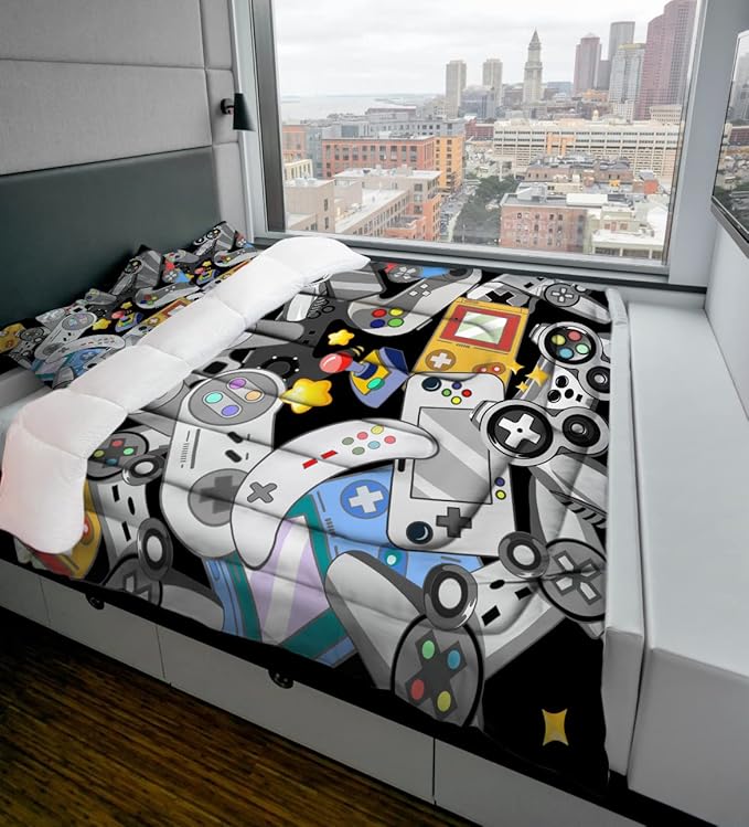 Sunnycitron Gaming Comforter for Boys Teen Gamer Comforter Queen Size Gaming Bedding Kids Bed Comforter set Boys Bedding quilt Down Alternative Comforter Game Room Decor,1 Comforter +2Pillowcase