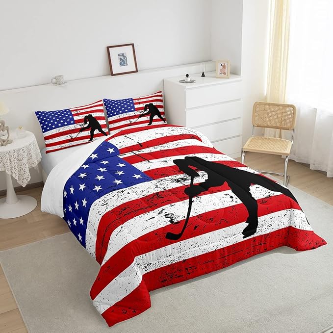 Erosebridal American Flag Comforter Set Twin, Hockey Bedding Set United States Sports Games Down Comforter for Kids Boys Teens Bedroom, Red White Geometric Stripes Duvet Sets with 1 Pillowcase