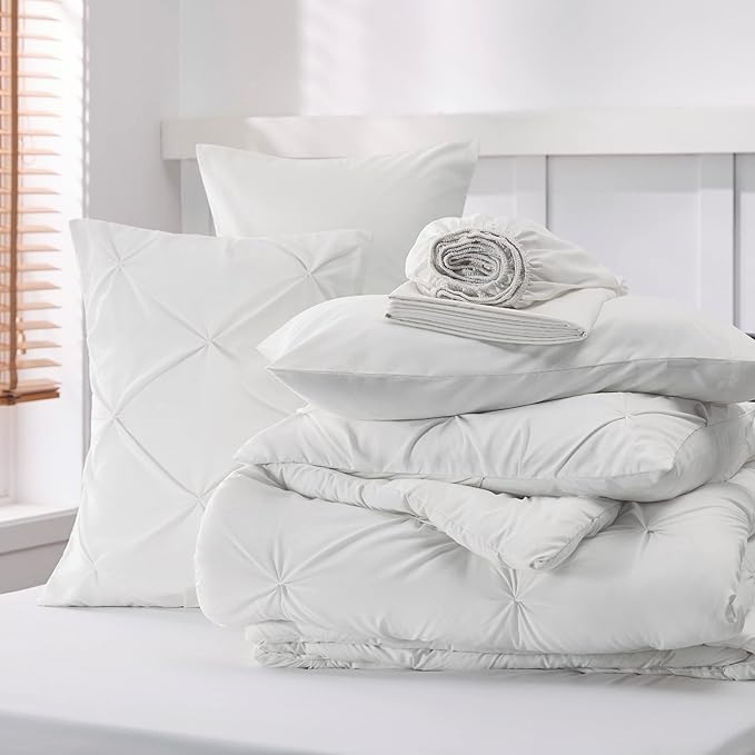 Bedsure White Queen Comforter Set - Bed in a Bag Queen 7 Pieces, Pintuck Bedding Sets White Bed Set with Comforter, Sheets, Pillowcases & Shams