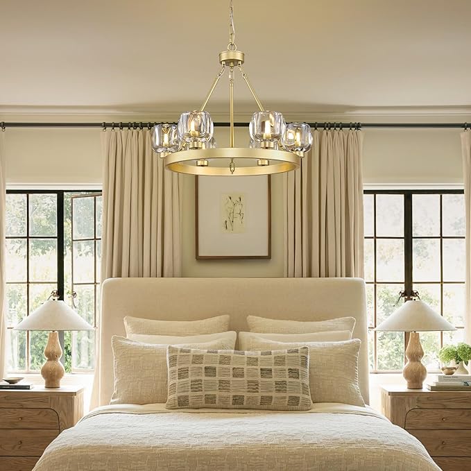 Gold Wagon Wheel Chandelier, 24 Inch Brass Chandeliers with Unique Glass Shade, 6-Light Crystal Farmhouse Wagon Wheel Chandeliers for Dining Room, Round Chandelier for Living Room, Foyer, Entryway
