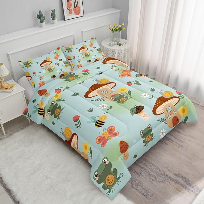 Datura home Cartoon Mushroom House Kids Comforter Bedding Set for Boys Girls, Green Grassland and Cute Frog Bee Print Comforter with 2 Pillowcases(Mushroom House Twin)