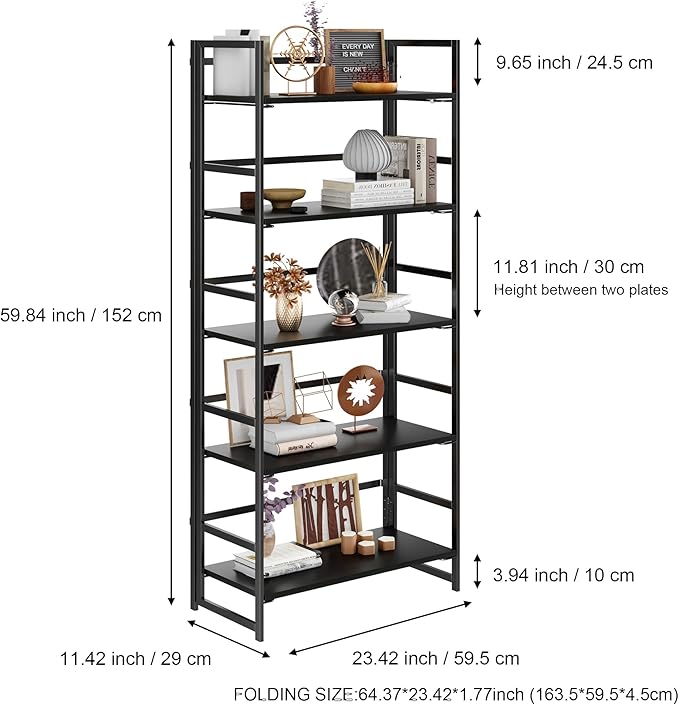 No-Assembly Folding Bookshelf Storage Shelves 5 Tiers Vintage Multifunctional Plant Flower Stand Storage Rack Shelves Bookcase for Home Office (All Black)