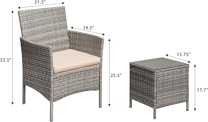 Greesum 3 Pieces Patio Furniture Sets Outdoor PE Rattan Wicker Chairs with Soft Cushion and Glass Coffee Table for Garden Backyard Porch Poolside, Gray and Beige