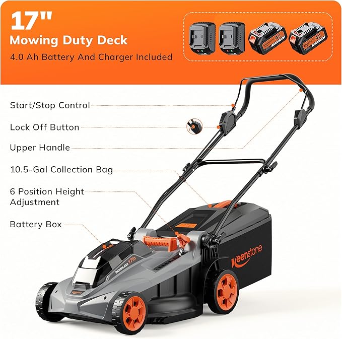 Keenstone Cordless Lawn Mower, 17" Electric Lawn Mower with Direct-Drive Brushless Motor, 2 x 20V 4.0Ah Battery, 6 Position Height Adjustable Push Mower for Yard & Thick Grass(35min Runtime)