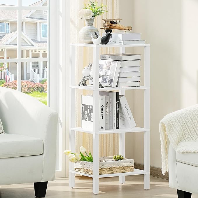 4 Tier Tall Wooden Bookshelf with Storage, Narrow Bookcase for Small Space, Small Book Shelf for Living Room, Office, Bedroom, Kitchen, Industrial, White