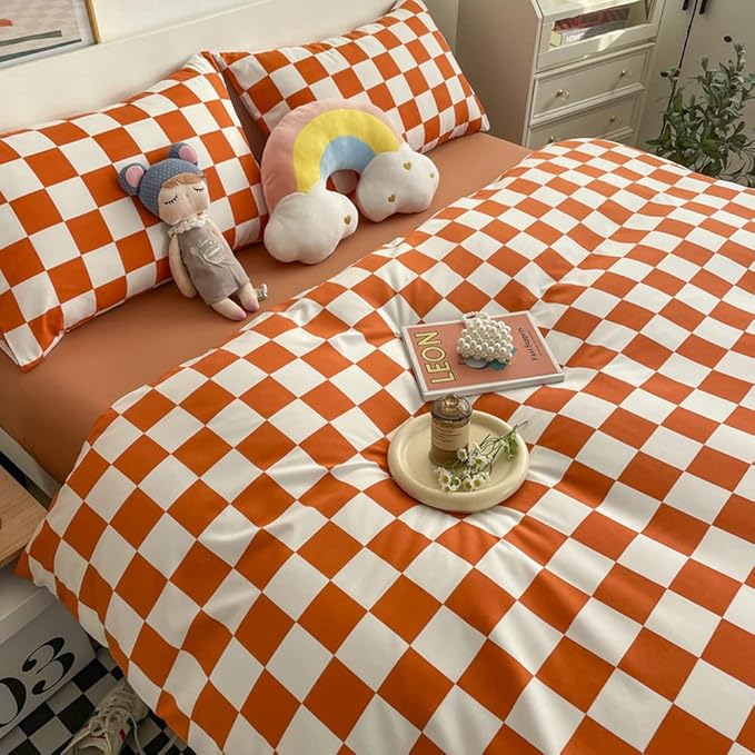 Wellboo Orange White Plaid Comforter Sets Queen Women Girls Light Red Checkerboard Bedding Comforters Cotton Rust Caramel and White Checkered Geometric Quilts Adults Modern Grid Abstract Simple Bed