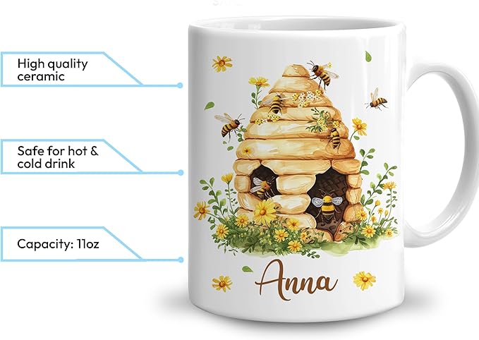 Hyturtle Personalized Bee Mug - Bee Keeper Gifts For Women - Honeybee Gifts For Lovers - Animals Present For Lovers On Birthday - Teacher Appreciation Present - Custom Coffee Cup Ceramic Mug 11 15 Oz