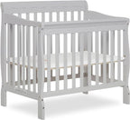 Aden 4-in-1 Convertible Mini Crib In Grey, Greenguard Gold Certified, Non-Toxic Finish, New Zealand Pinewood, With 3 Mattress Height Settings