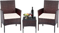 Patio Set 3 Piece Outdoor Rattan Porch Furniture with Tempered Glass Side Table & Cushion All Weather Conversation Bistro Set for Balcony,Deck,Porch (Brown/Beige)