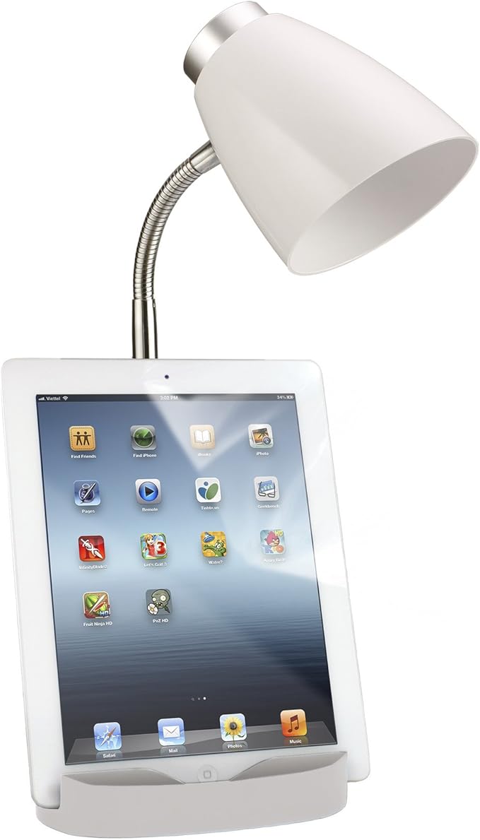 Simple Designs LD1002-WHT Gooseneck Organizer Desk Lamp with iPad Tablet Stand Book Holder, White