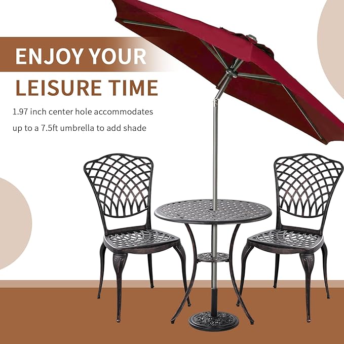 Bronze Patio Bistro Set - 3 Piece Outdoor Cast Aluminum Furniture, Large Table & Chairs, Weather Resistant, Adjustable Foot Pads, Umbrella Hole
