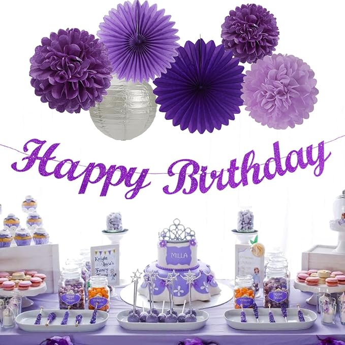 Purple Silver Birthday Party-Decorations Paper-Flowers - 14pcs Happy Banner Lavender Lanterns Tissue Pom Poms,Lilac Streamers Garland Fans,Women Girls Adult Kids Office Hanging Supplies Decor Hugfond