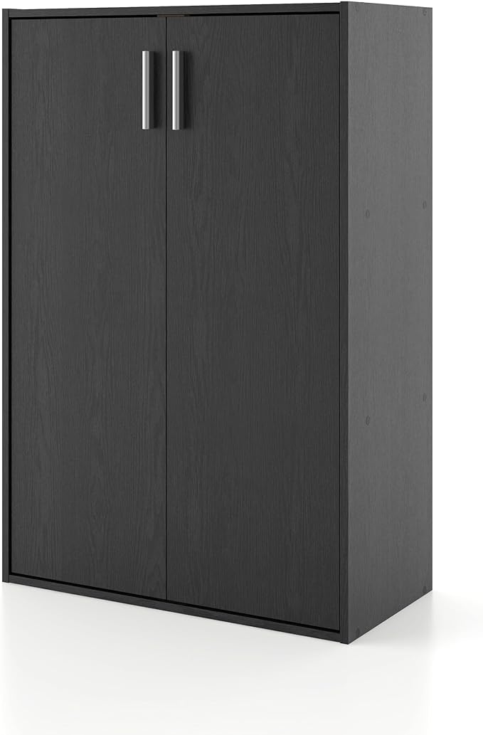 Apexa Stackable Wood Bookcase with Doors, Cube Storage Organizer Shelves, Small Food Pantry, Dorm Teen Room Decor & Bedroom, Home Office, Kitchen, 3-Tier Cabinet, Black