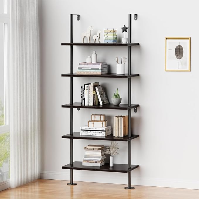 Ladder Shelf Bookcase 5 Tier, Extra Sturdy Modern Bookshelf Wall Mounted, Tall Black Open Book Shelf, Standing Industrial Metal Frame with Wooden Shelves